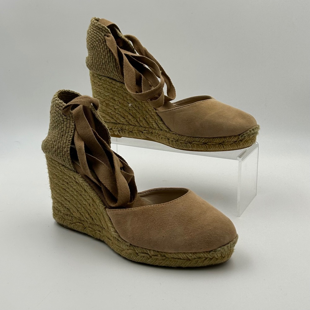 Aldo Espadrille Wedge Sandals Womens 8.5 Tan Suede Ankle Tie Boho Summer Chic